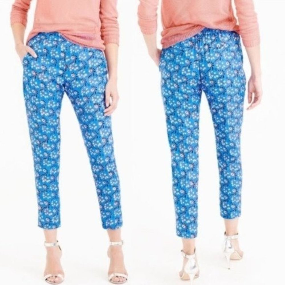 J. Crew Blue Floral High Rise Ankle Pants Size 2 Pull On Spring Summer